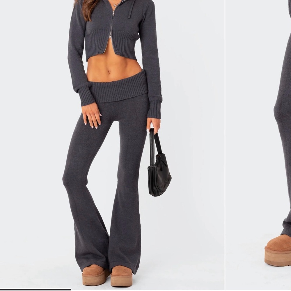 Women's Gray Knit Foldover Pants